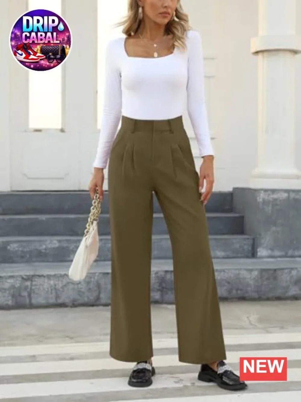 Women's Wide Leg Pleated Trousers with Pockets Business Casual Slacks High